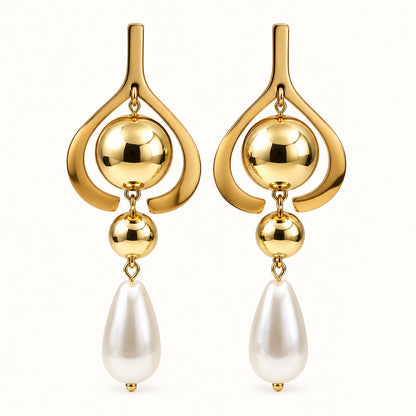 Front view of Gilded Pearl Teardrop Chandeliers gold-tone pearl teardrop chandelier earrings