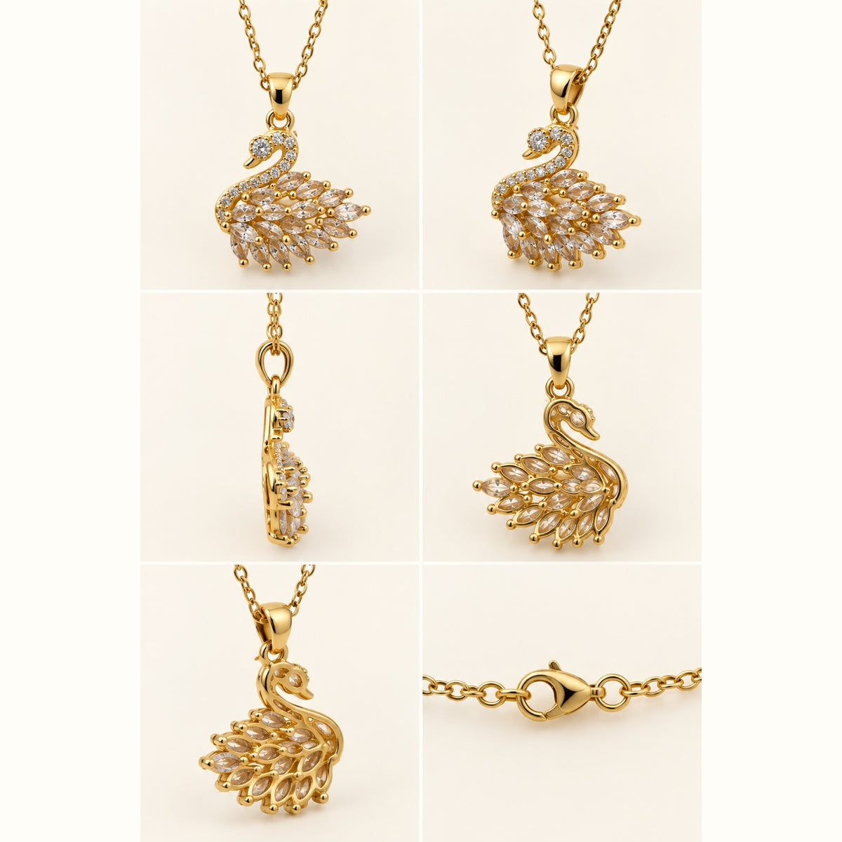 360 degree collage of the Gilded Swan Pavé Pendant necklace from every angle