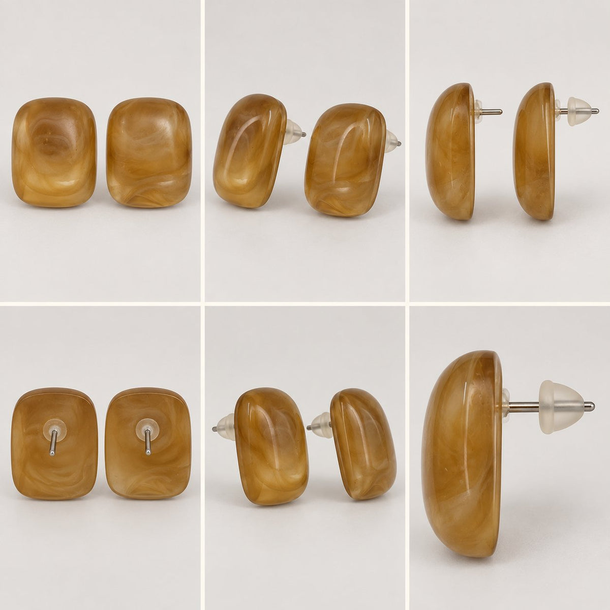 360 degree collage of the Golden Honey Swirl Cabochon Studs from every angle