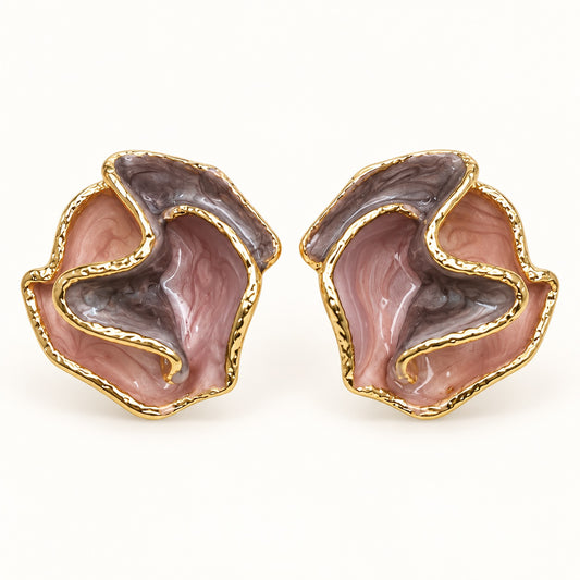 Front view of the gold-tone lilac blossom enamel stud earrings