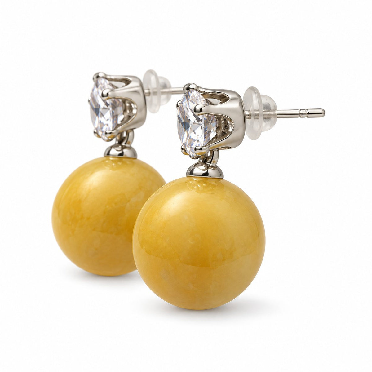 Side view of the Marigold Yellow Lustre Orb Drop Earrings showing the stone setting and orb