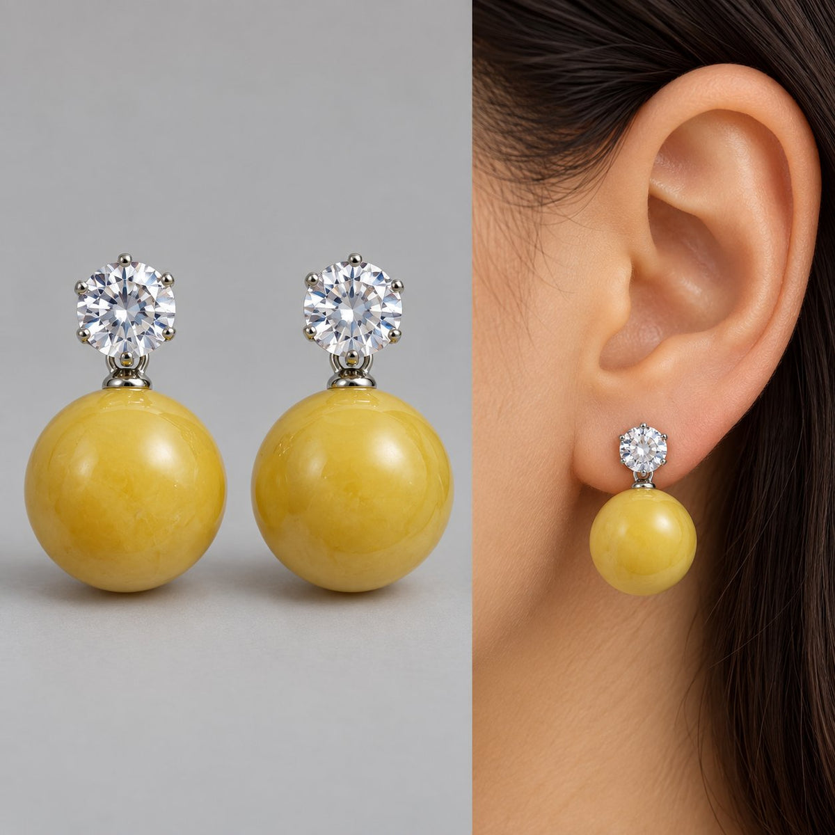 Model wearing the Marigold Yellow Lustre Orb Drop Earrings