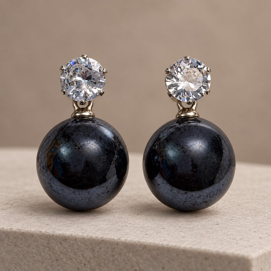 Midnight Black Lustre Orb Drop Earrings with sparkling stone tops and glossy black orbs on dark velvet