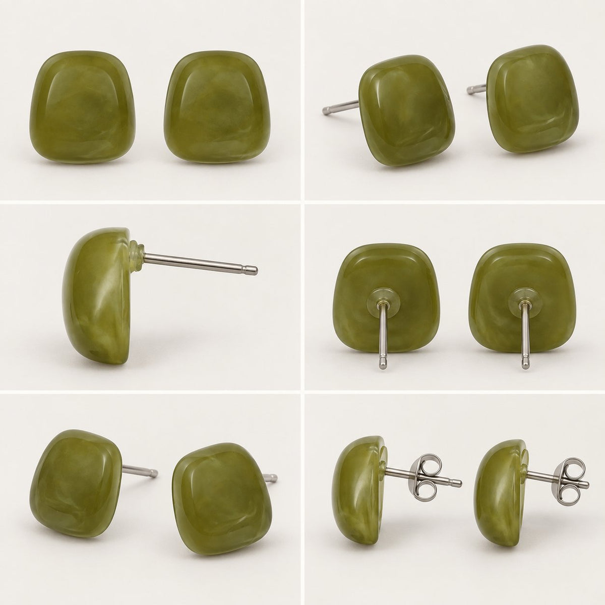 360 degree collage of the Moss Green Cabochon Studs from every angle