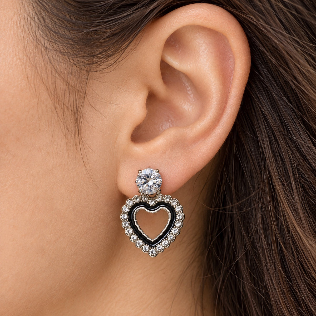 Model wearing the Noir Heart Halo Drops
