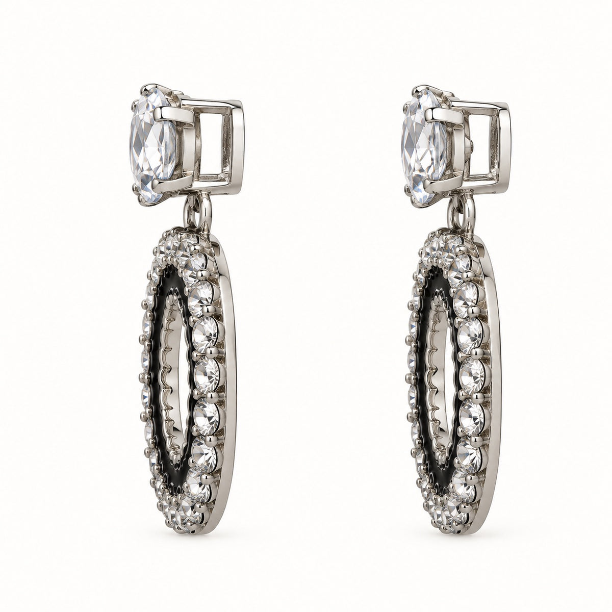 Side view of the Noir Orbit Halo Drops showing the stone top and halo drop