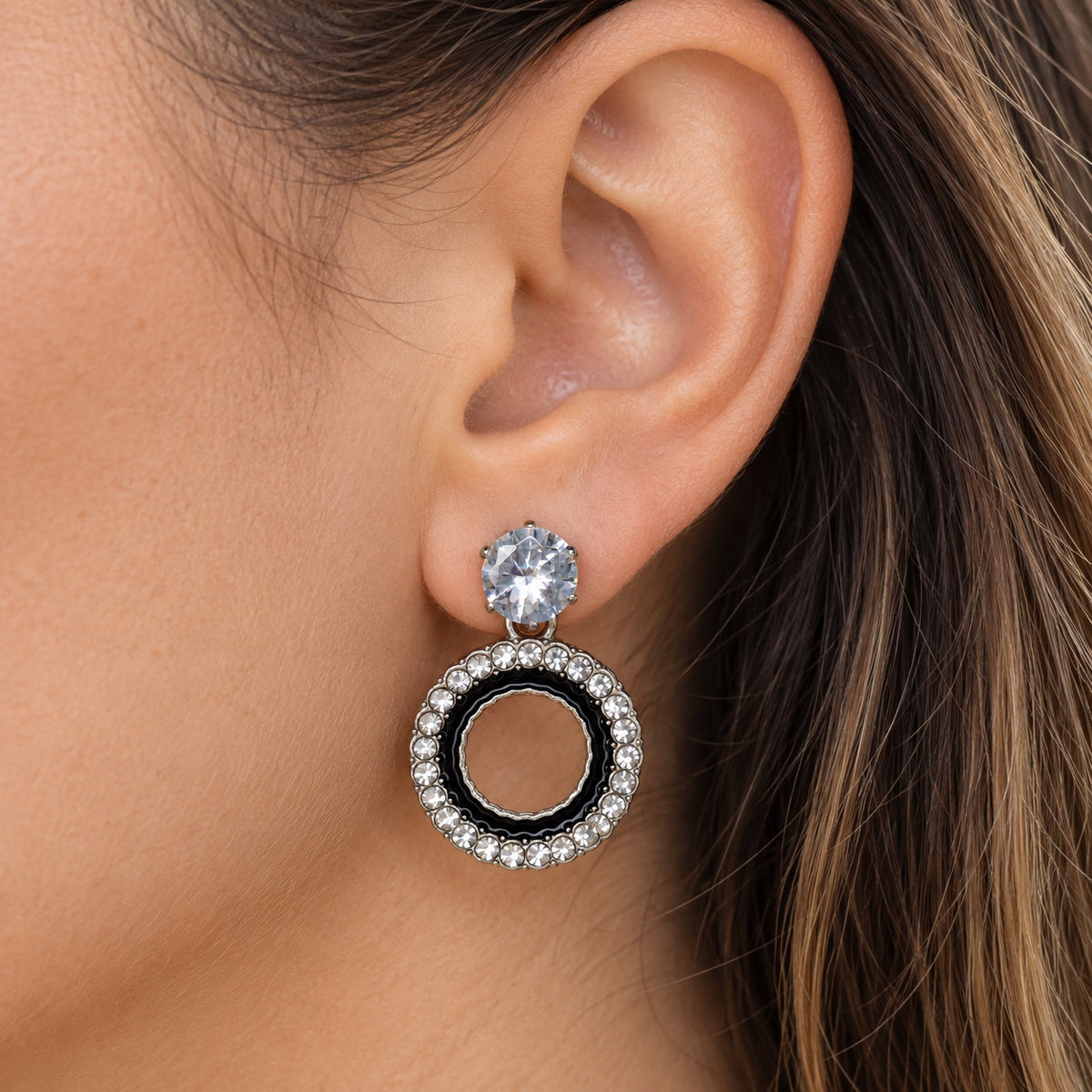 Model wearing the Noir Orbit Halo Drops
