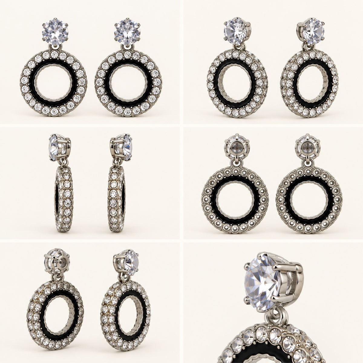 360 degree collage of the Noir Orbit Halo Drops from every angle