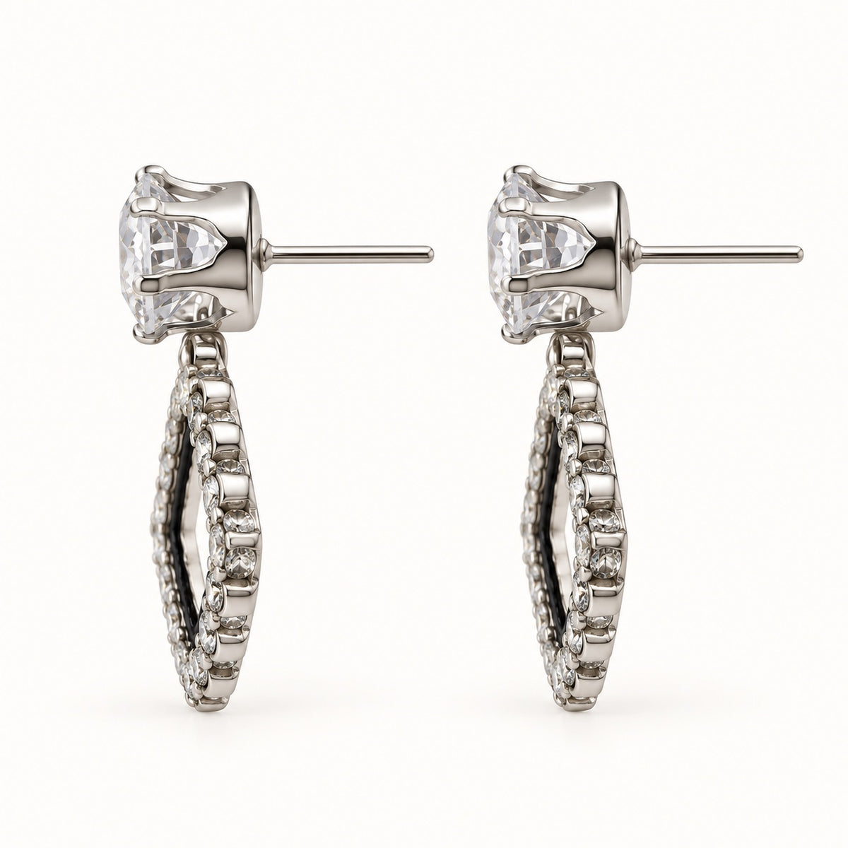 Side view of the Noir Rhombus Halo Drops showing the stone top and halo drop