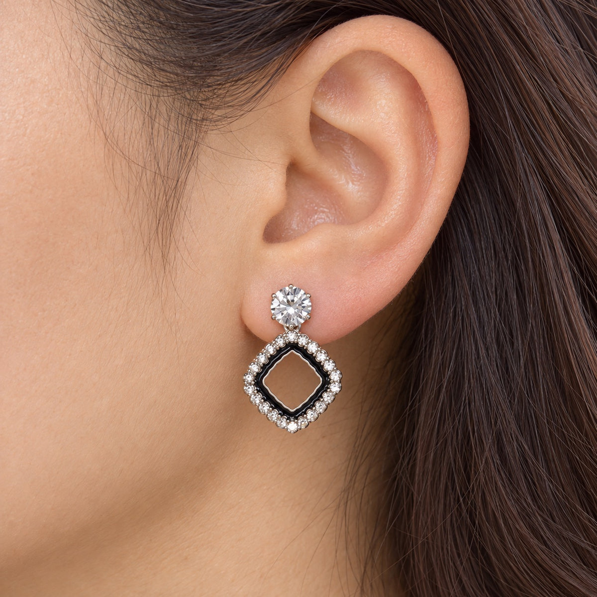 Model wearing the Noir Rhombus Halo Drops