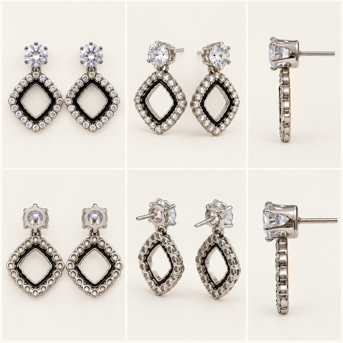 360 degree collage of the Noir Rhombus Halo Drops from every angle