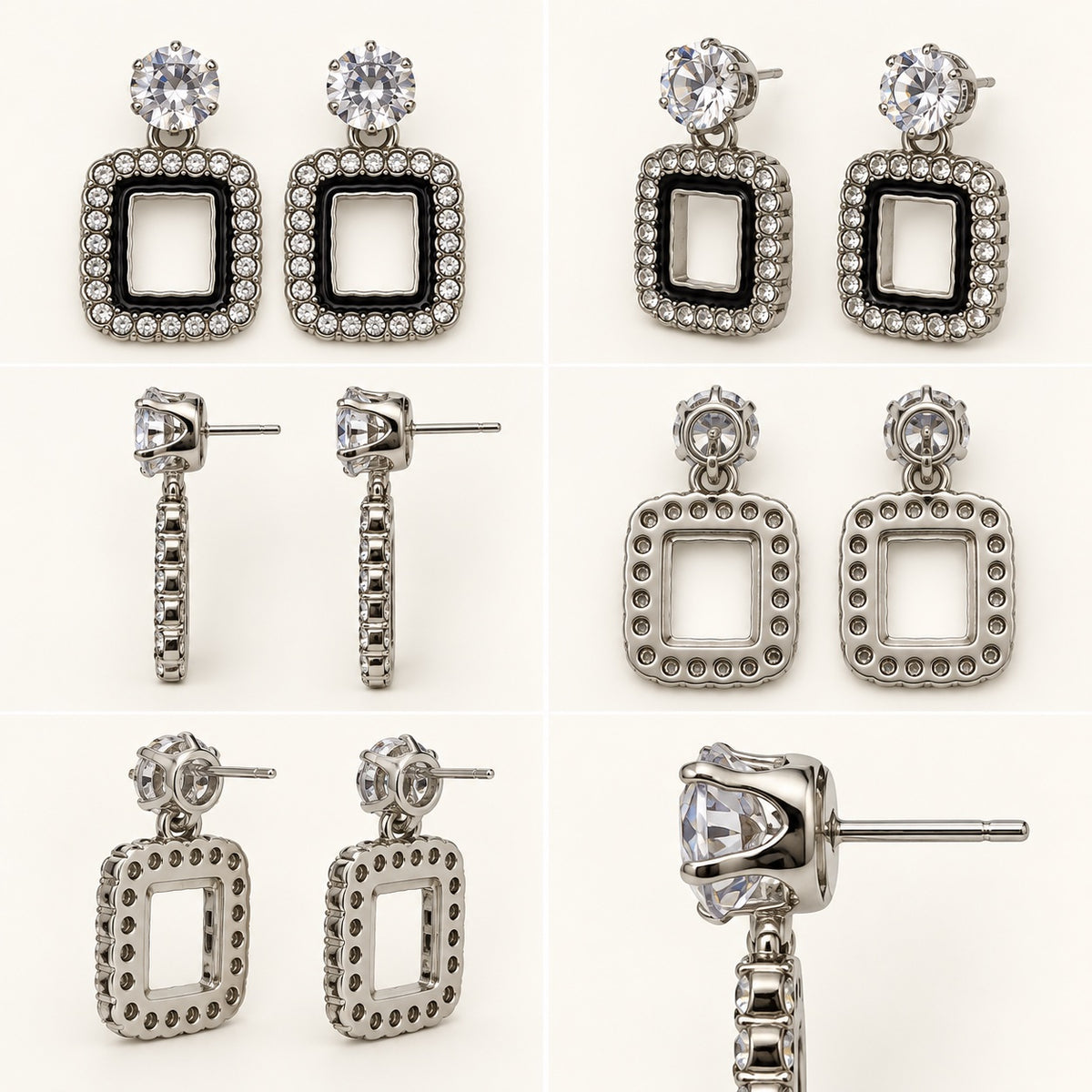 360 degree collage of the Noir Square Halo Drops from every angle