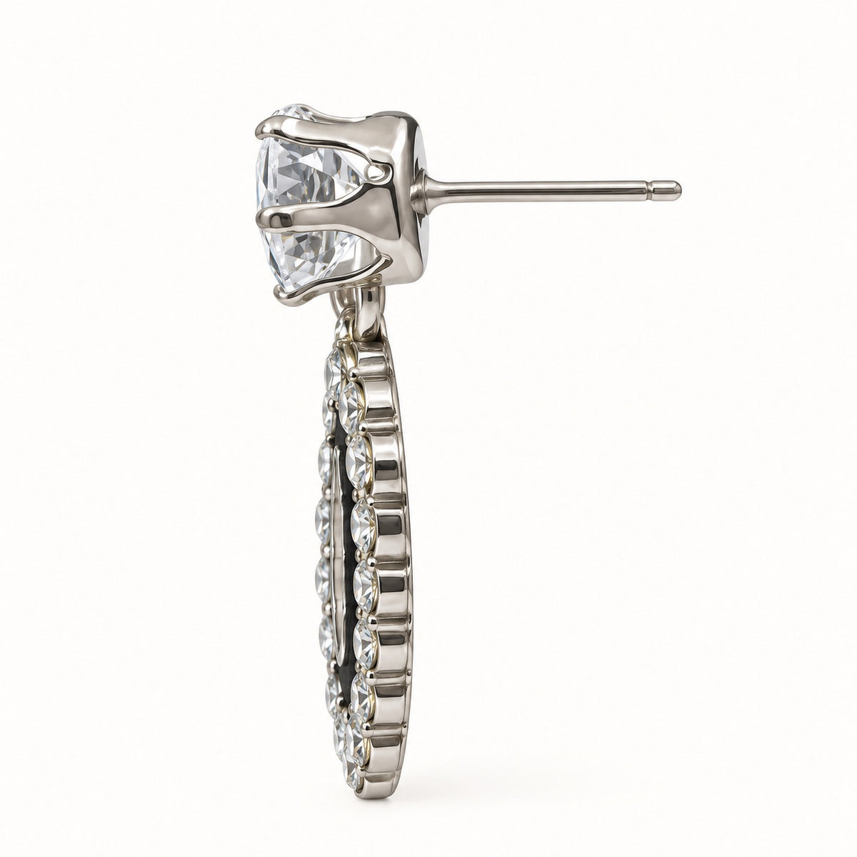 Side view of Noir Teardrop Halo Drop Earrings showing the slim profile and push-back post