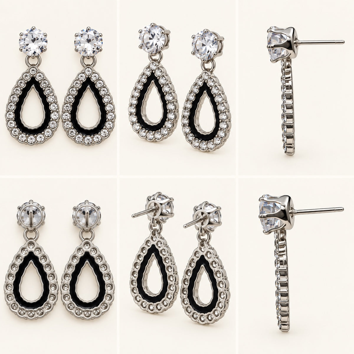 360 degree collage of Noir Teardrop Halo Drop Earrings from every angle