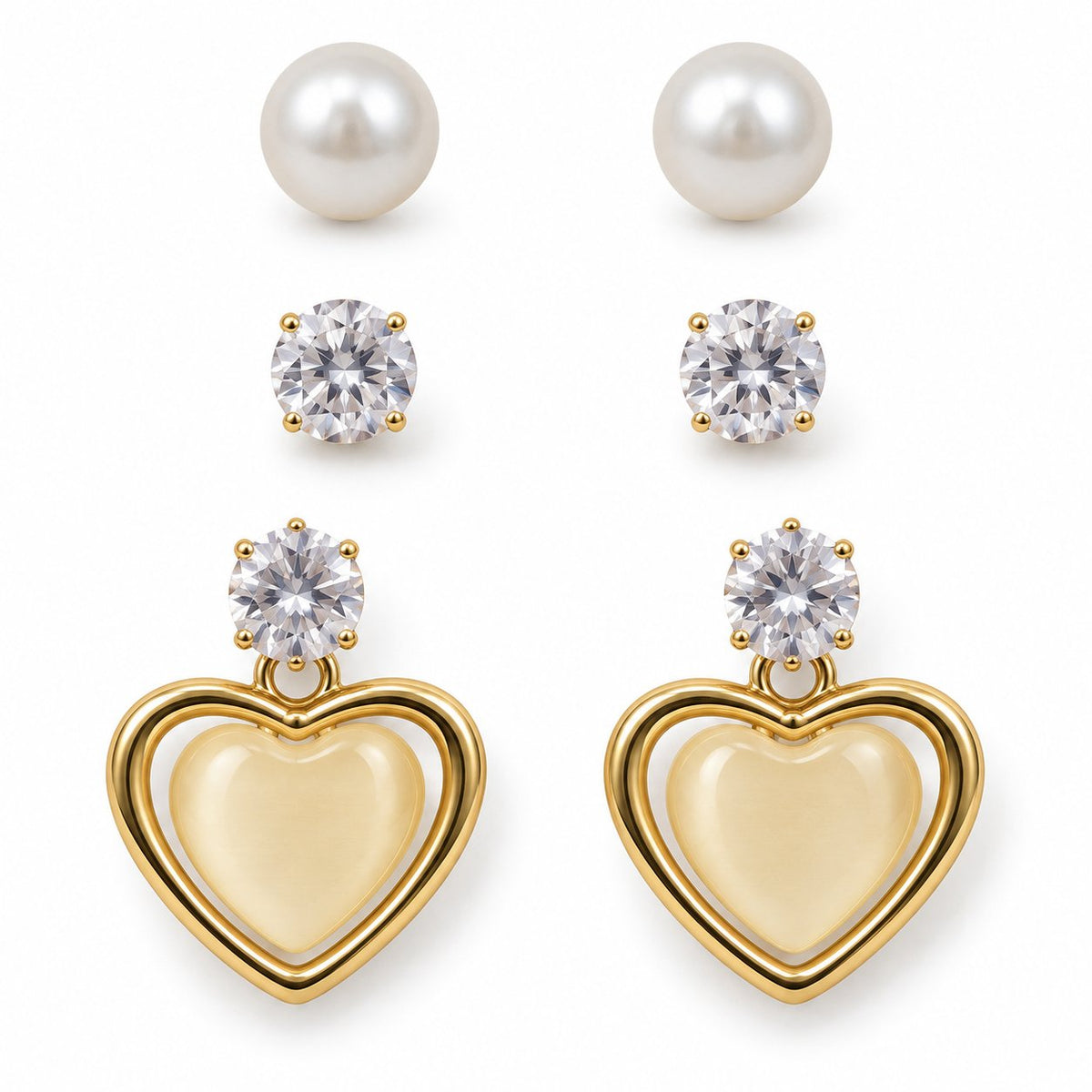 Front view of the Opaline Heart Earring Trio with all three pairs