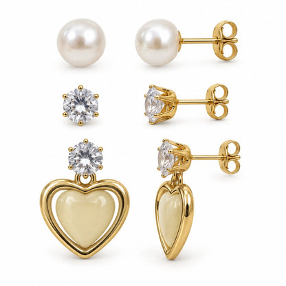 Side view of Opaline Heart Earring Trio showing the push-back posts