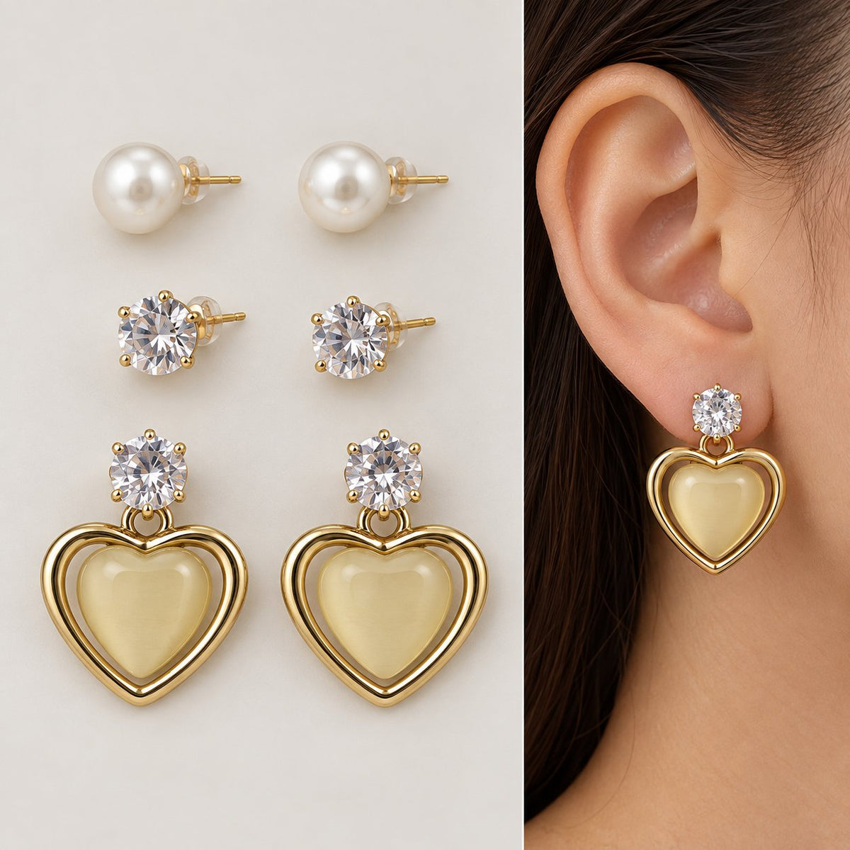 Model wearing Opaline Heart Earring Trio stacked on one ear