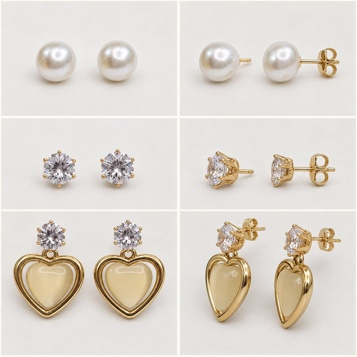 360 degree collage of Opaline Heart Earring Trio from every angle