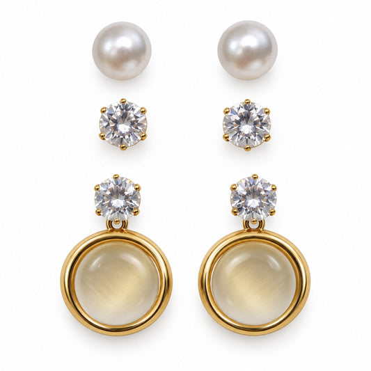 Front view of the Opaline Orbit Earring Trio with all three pairs