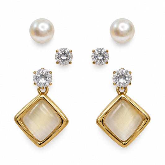 Front view of the Opaline Rhombus Earring Trio with all three pairs