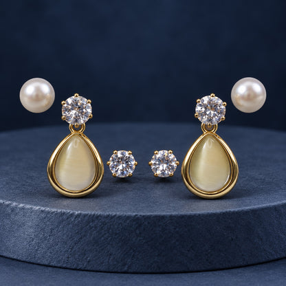 Opaline Teardrop Earring Trio Set with pearl studs, zirconia studs and teardrop drops on stone