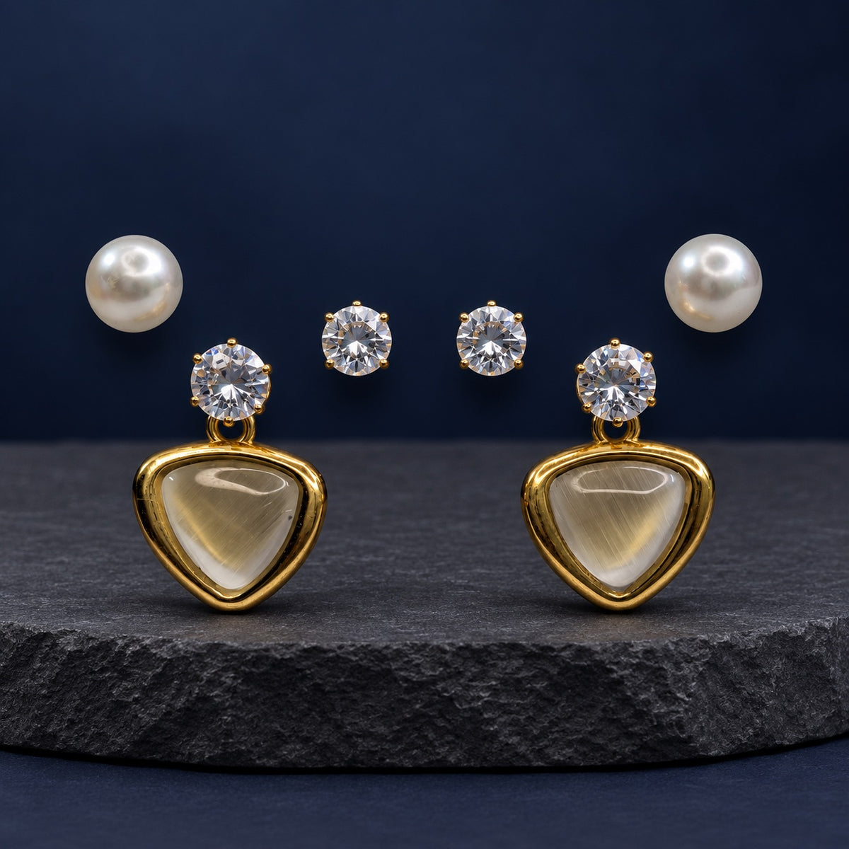 Opaline Trillion Earring Trio Set with pearl studs, zirconia studs and trillion drops on stone