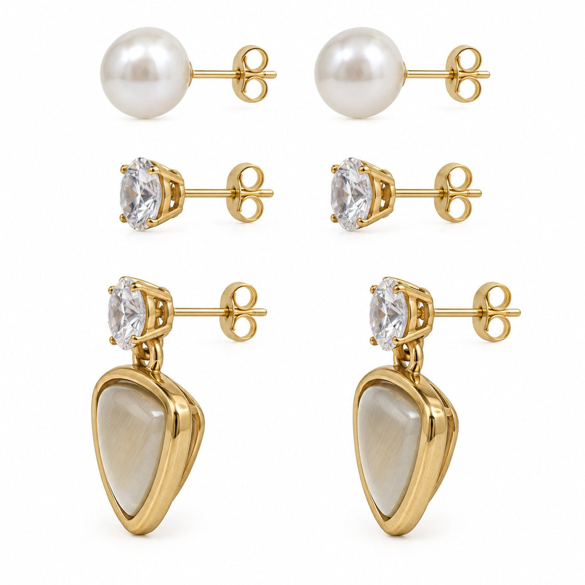 Side view of Opaline Trillion Earring Trio showing the push-back posts
