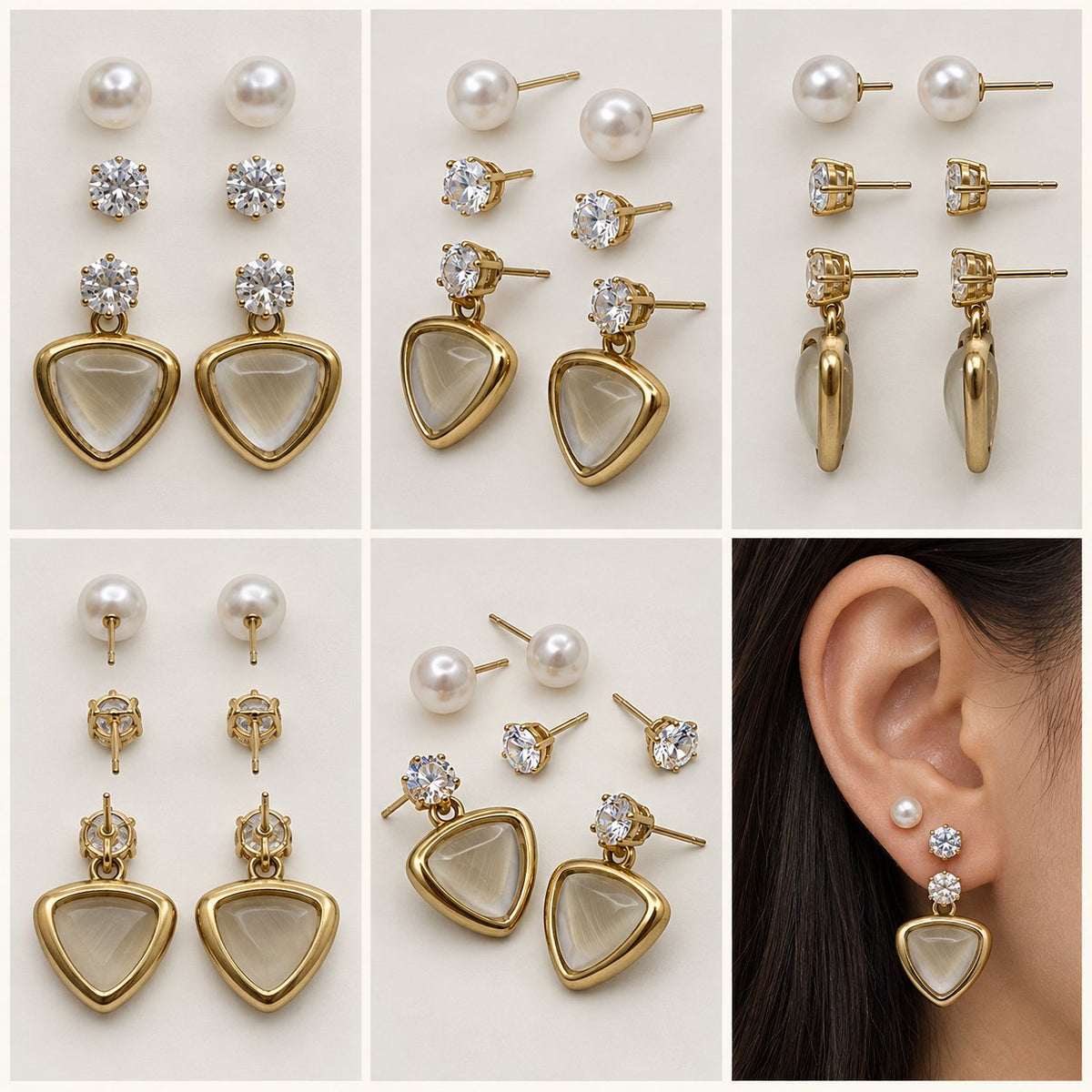 360 degree collage of Opaline Trillion Earring Trio from every angle