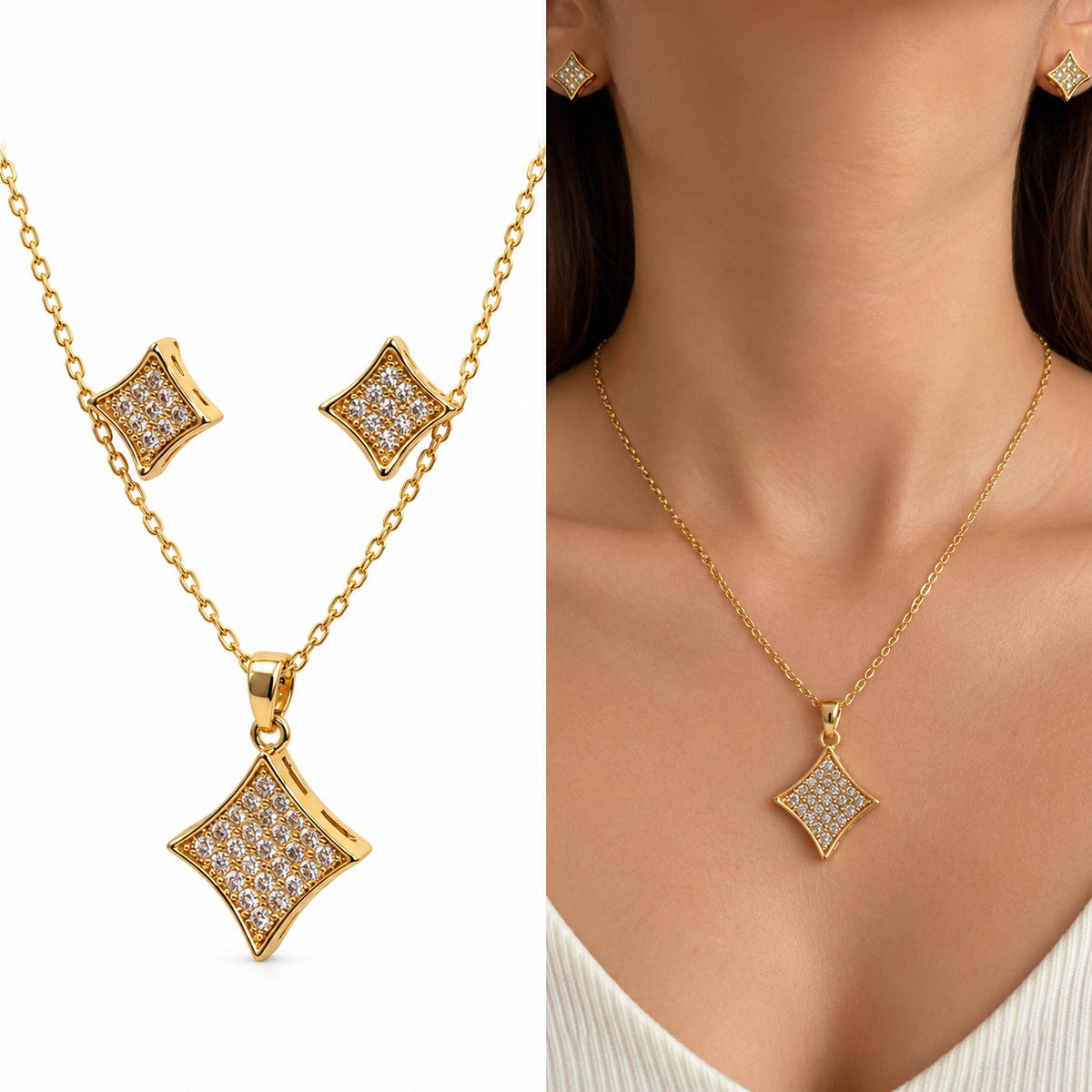 Model wearing Pavé Rhombus Necklace Set with pendant and stud earrings