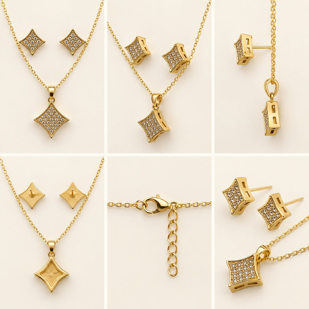 360 degree collage of Pavé Rhombus Necklace Set from every angle