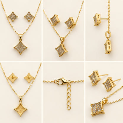 360 degree collage of Pavé Rhombus Necklace Set from every angle