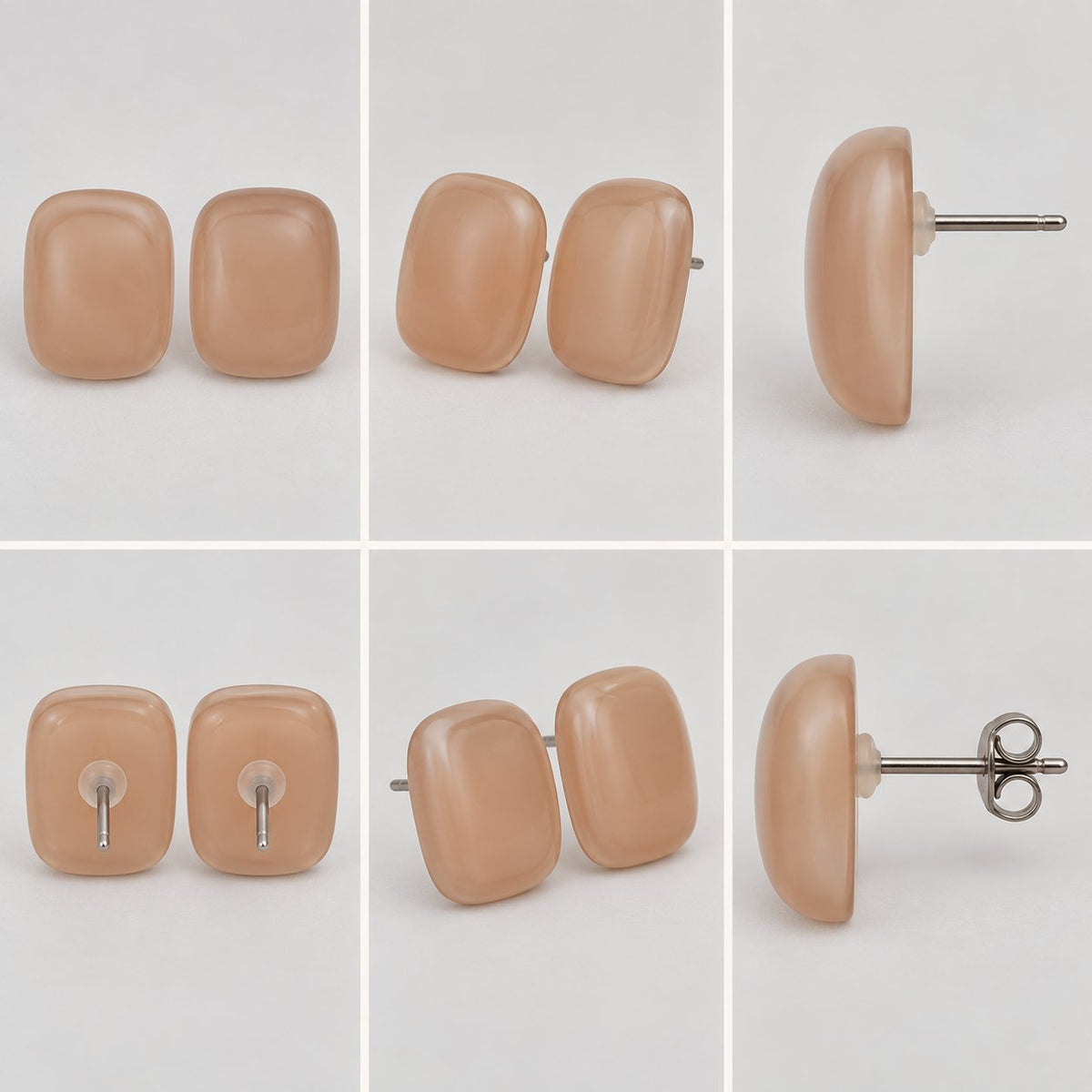 360 degree collage of Peach Blush Cabochon Stud Earrings from every angle