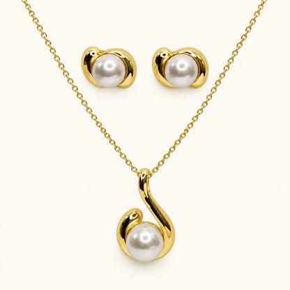 Front view of gold-tone swirl pearl pendant necklace with matching stud earrings