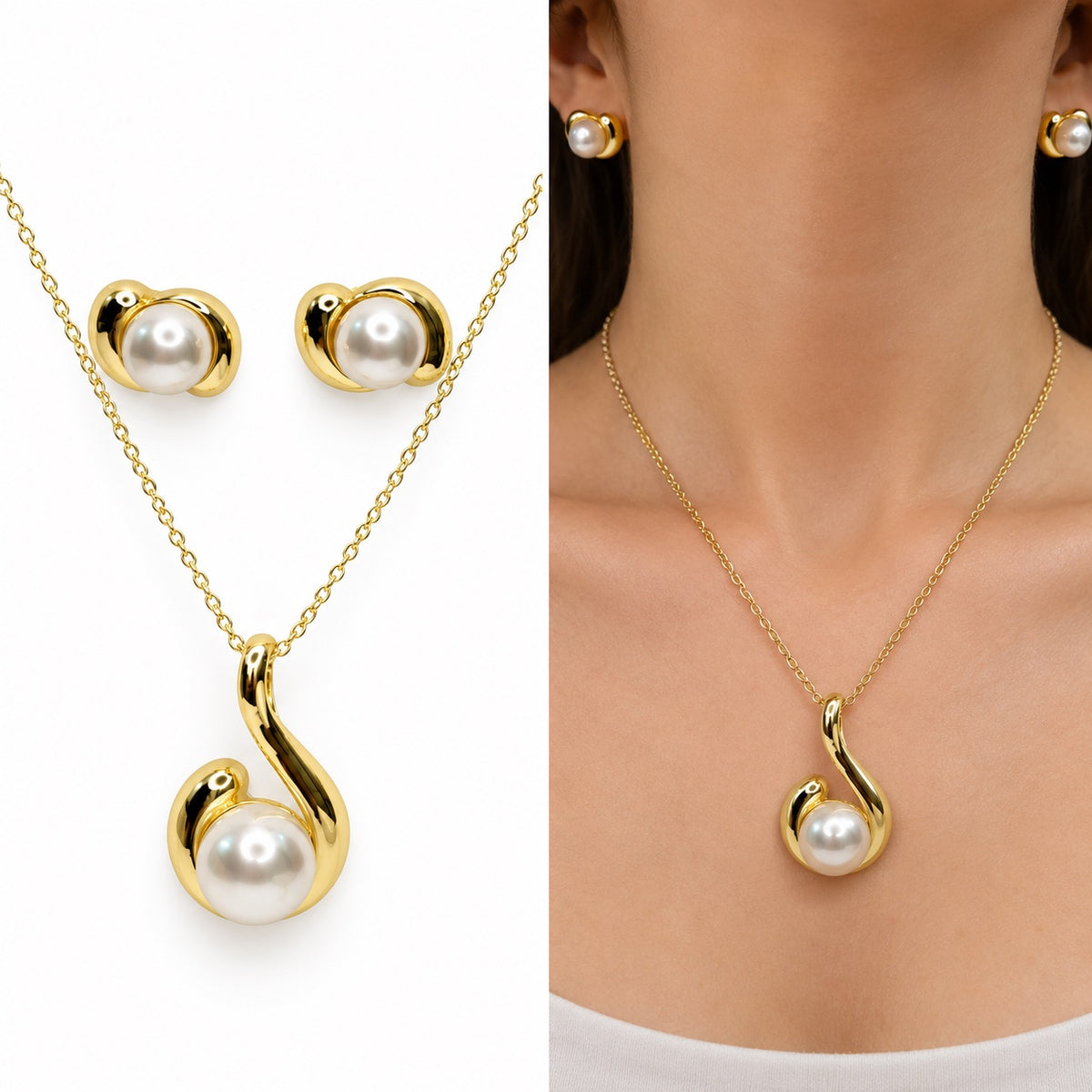 Model wearing Pearl Swirl Necklace Set with pendant and stud earrings