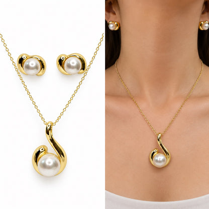 Model wearing Pearl Swirl Necklace Set with pendant and stud earrings