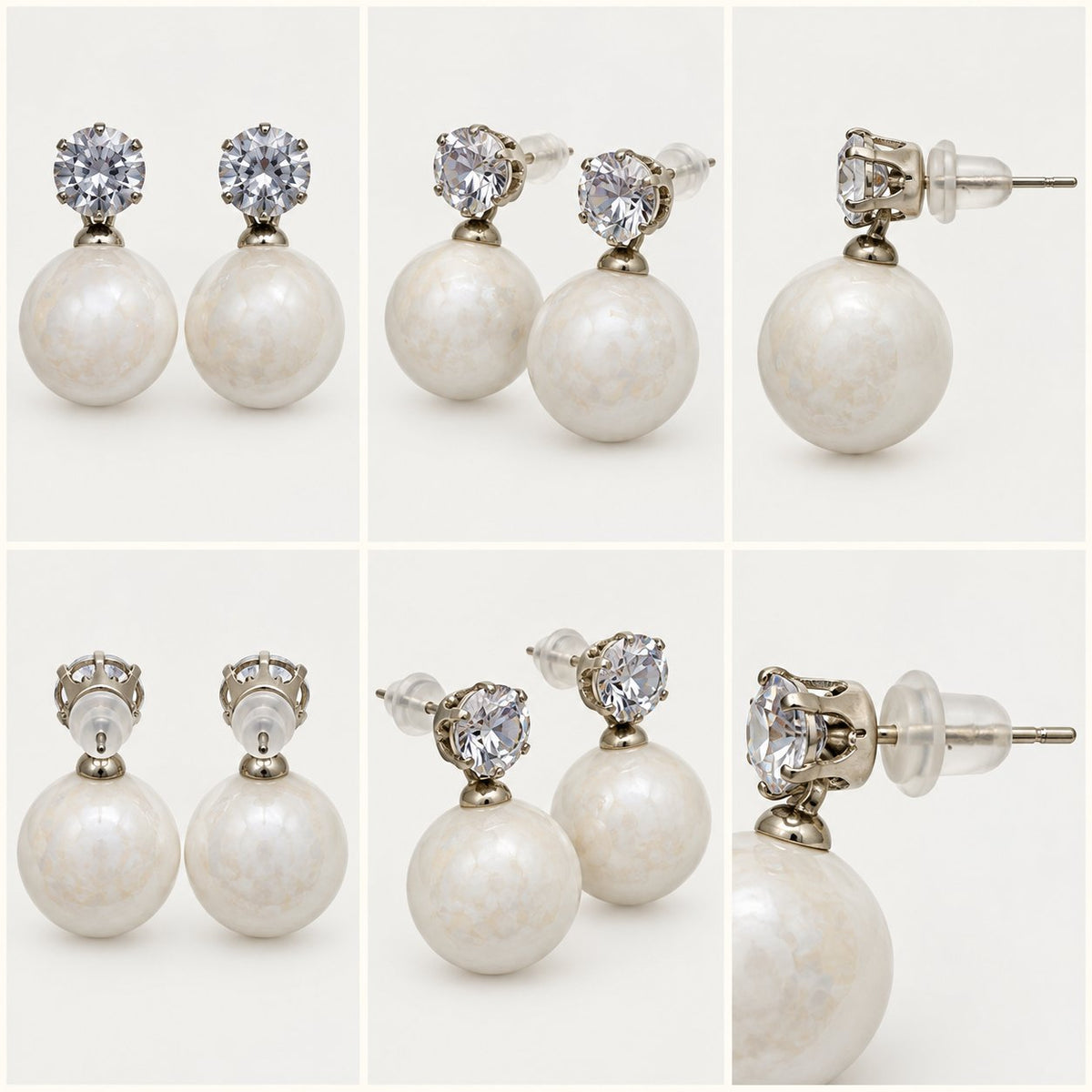 360 degree collage of Pearl White Lustre Orb Drop Earrings from every angle