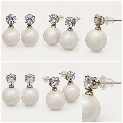 360 degree collage of Pearl White Lustre Orb Drop Earrings from every angle