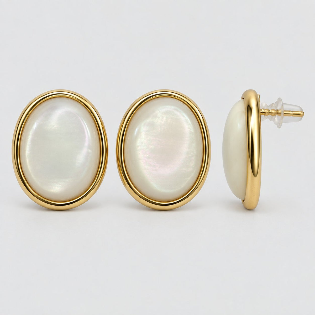 Side view of Pearlescent Oval Dome Studs showing the domed stone and push-back post