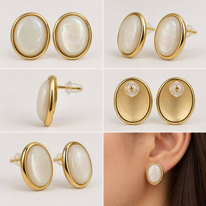 360 degree collage of Pearlescent Oval Dome Stud Earrings from every angle