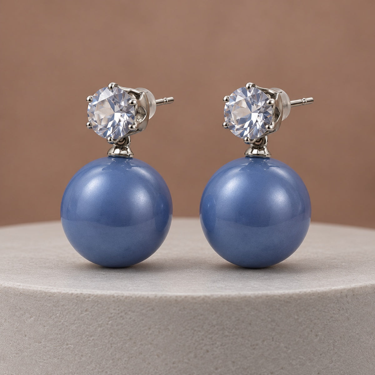 Periwinkle Blue Lustre Orb Drop Earrings in silver tone with zirconia studs on marble