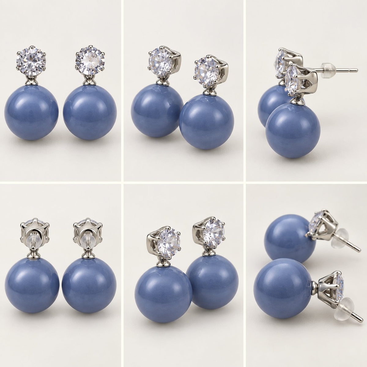 360 degree collage of Periwinkle Blue Lustre Orb Drop Earrings from every angle