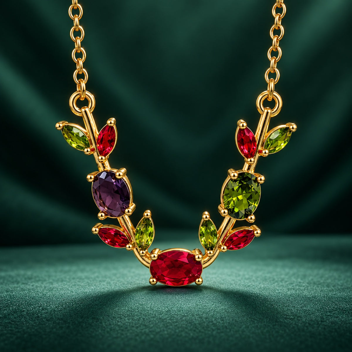 Rainbow Vine CZ Necklace gold-tone vine necklace with red, green and purple stones