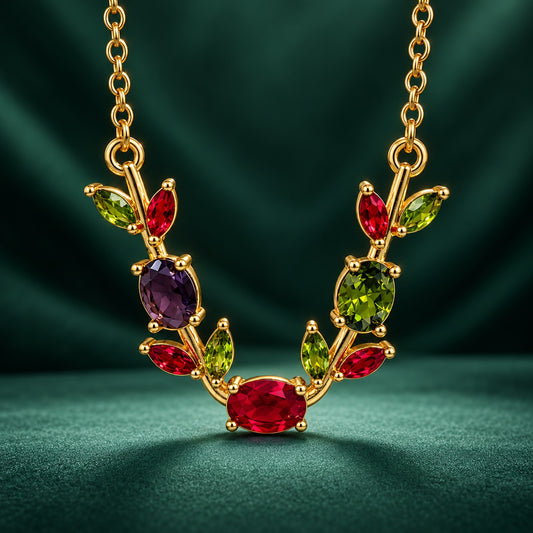 Rainbow Vine CZ Necklace gold-tone vine necklace with red, green and purple stones