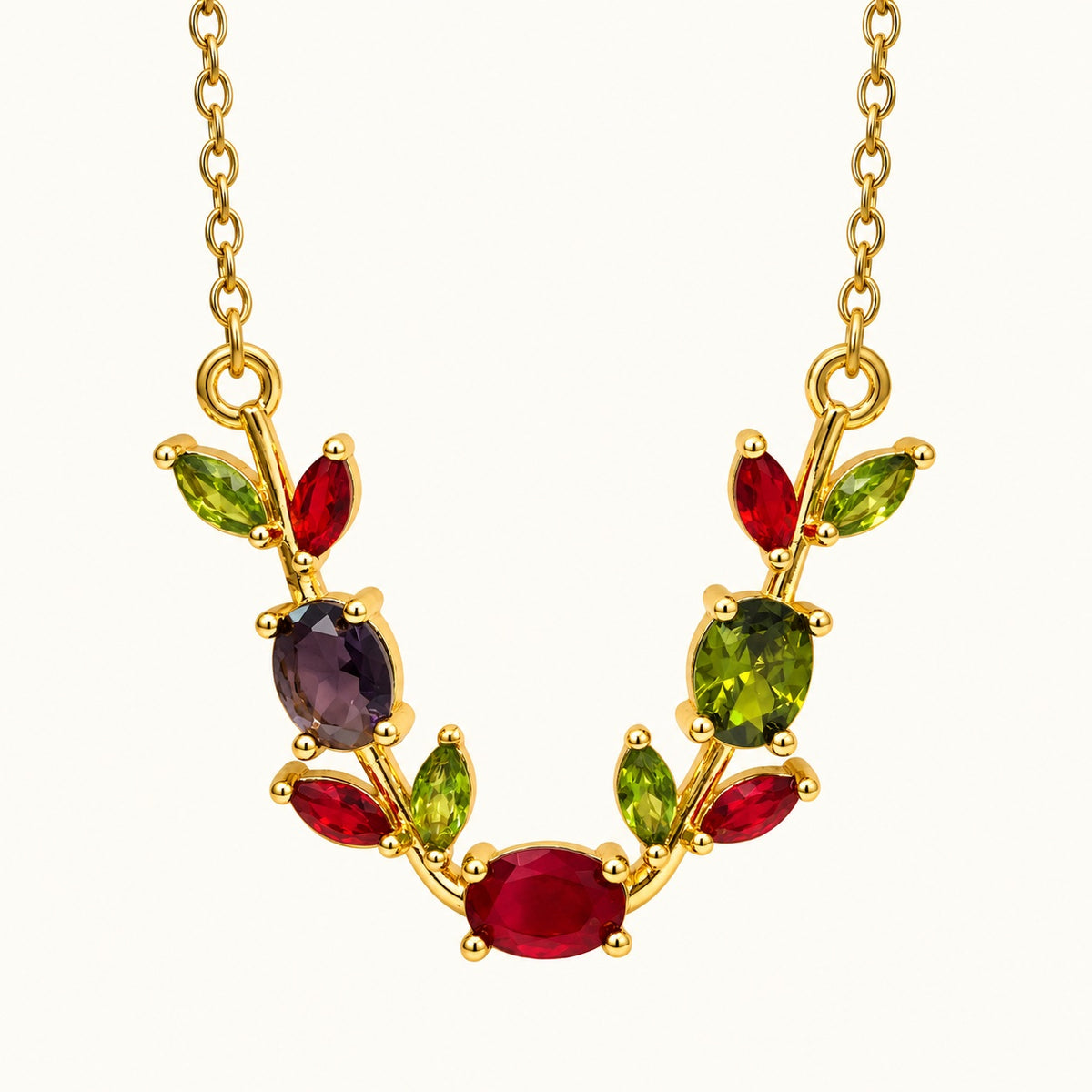 Front view of Rainbow Vine CZ Necklace showing marquise leaf and oval stones