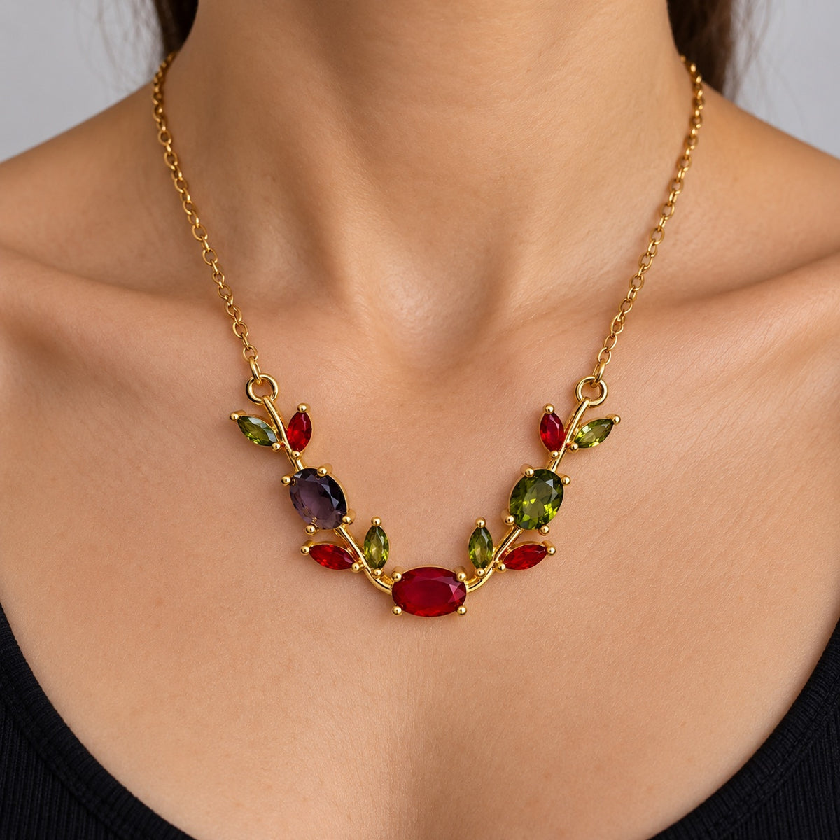 Model wearing Rainbow Vine CZ Necklace gold-tone vine necklace