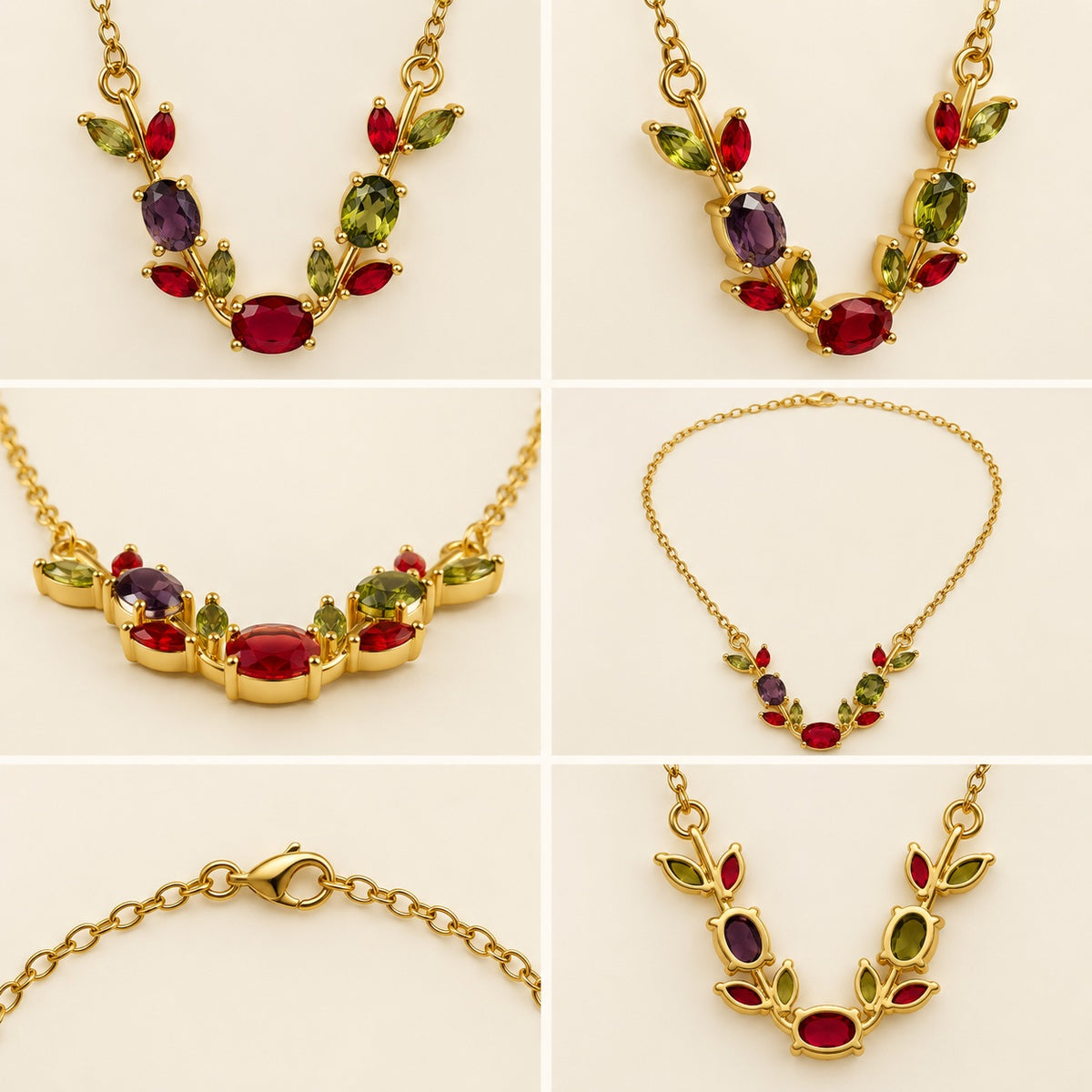 Multi-angle 360 view of Rainbow Vine CZ Necklace including the lobster clasp