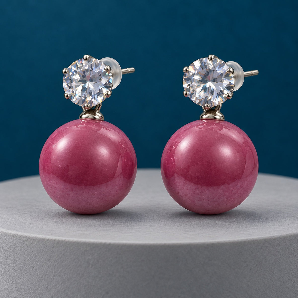 Raspberry Pink Lustre Orb Drops silver-tone drop earrings with CZ top and pink orb