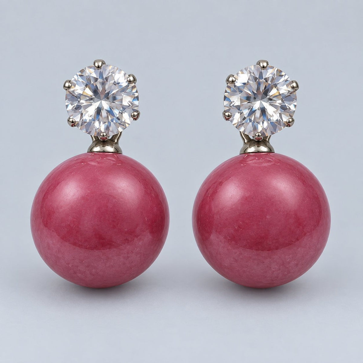 Front view of Raspberry Pink Lustre Orb Drops showing the glossy raspberry orbs