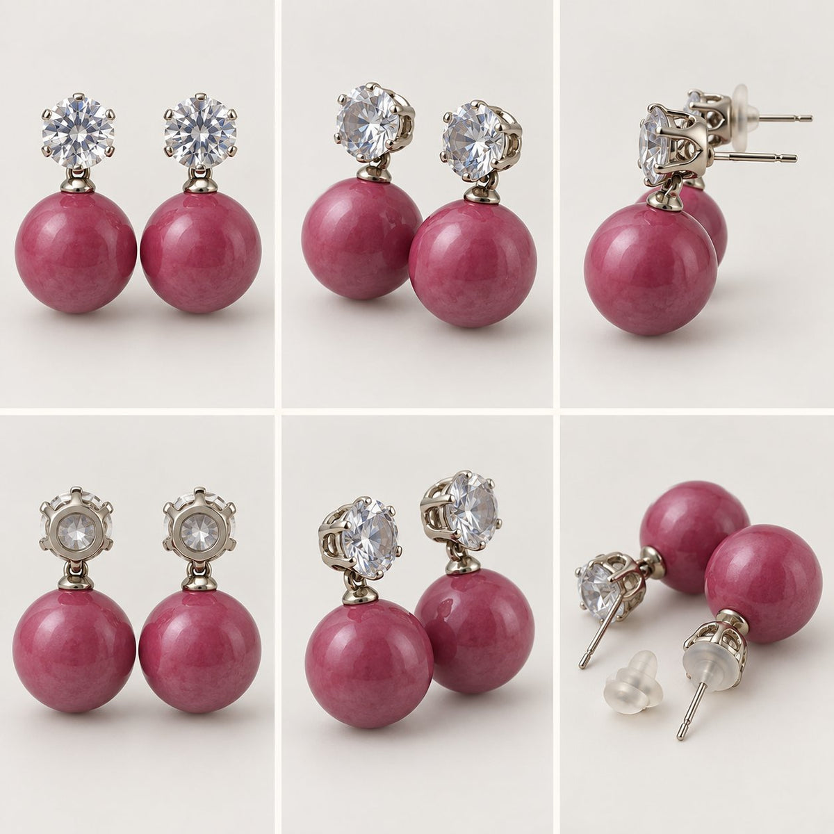 Multi-angle 360 view of Raspberry Pink Lustre Orb Drops silver-tone orb drop earrings