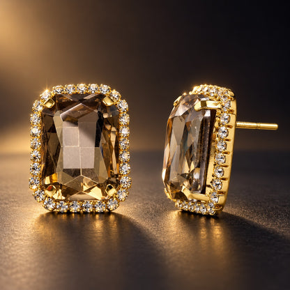 Regal Champagne Halo Studs gold-tone halo stud earrings with champagne emerald-cut stone